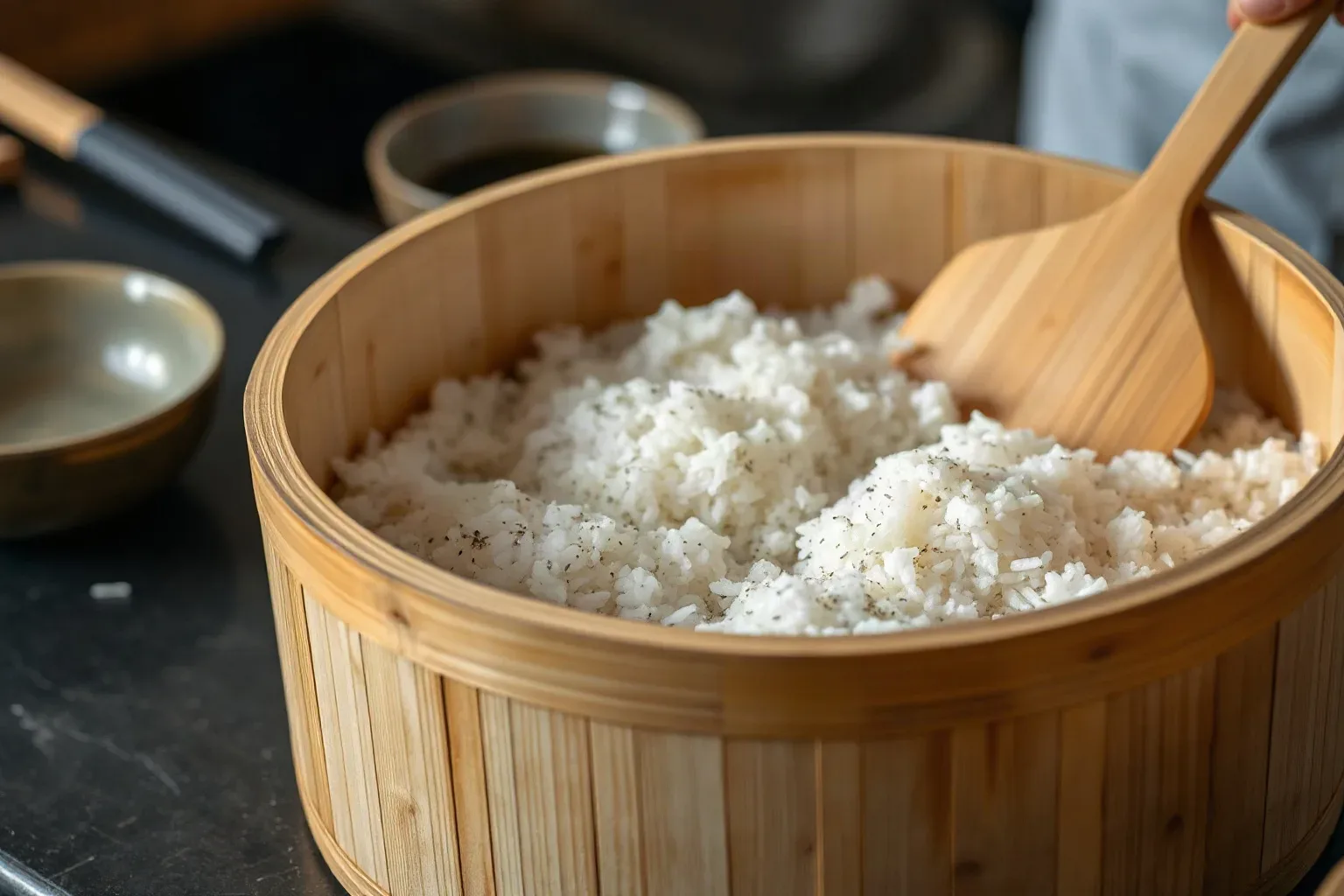 A wide wooden rice-cooling tub on a preparation surface