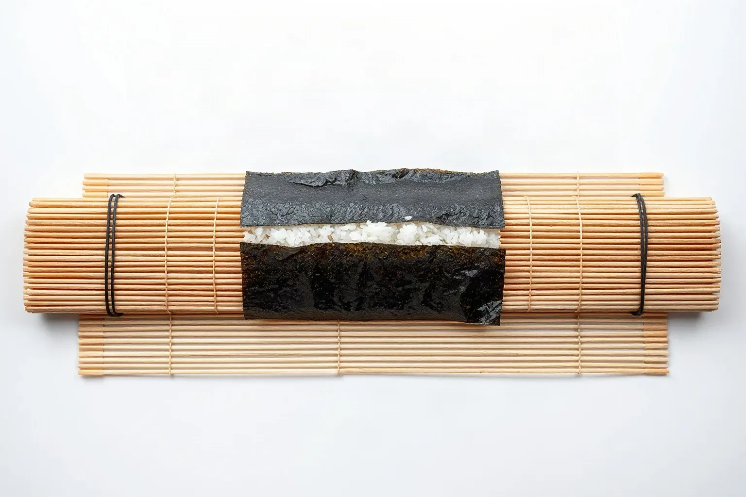 A bamboo rolling mat laid flat with a nori sheet pressed smooth across it