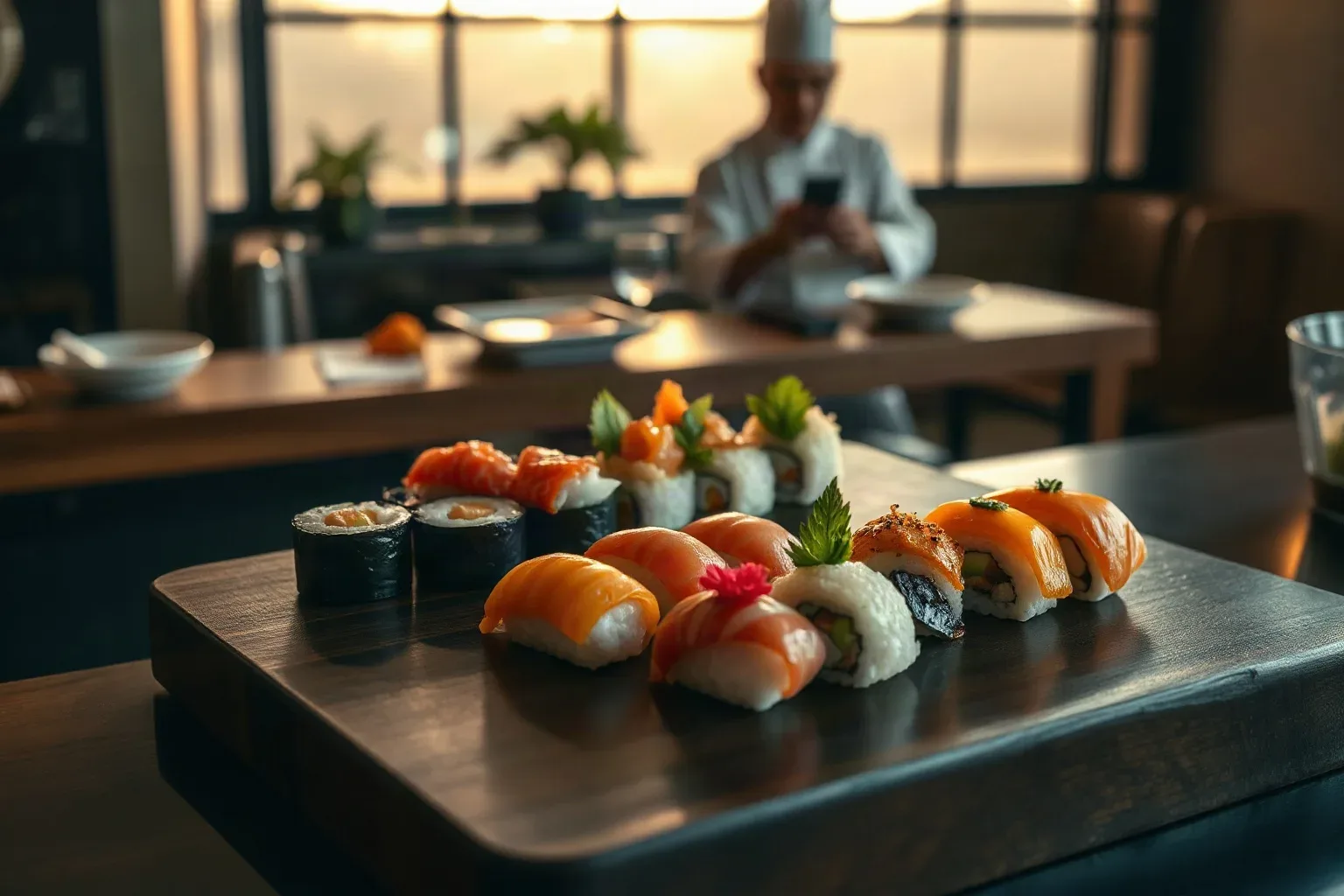 A dark wooden serving board with maki and nigiri pieces arranged in a platter formation for a takeaway order