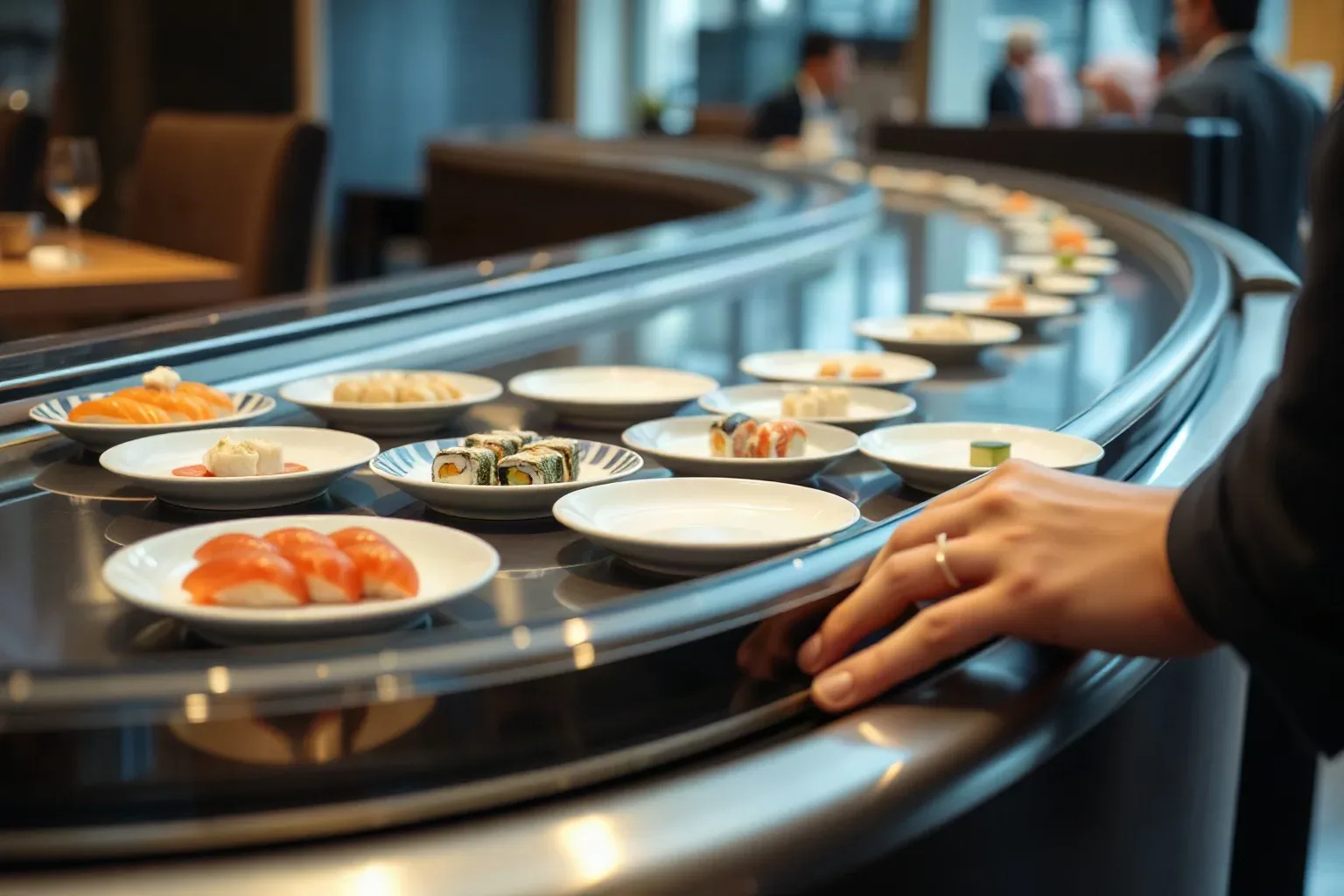 An oval kaiten conveyor carrying colour-coded plates past a counter position where a beginner has just begun exploring sushi
