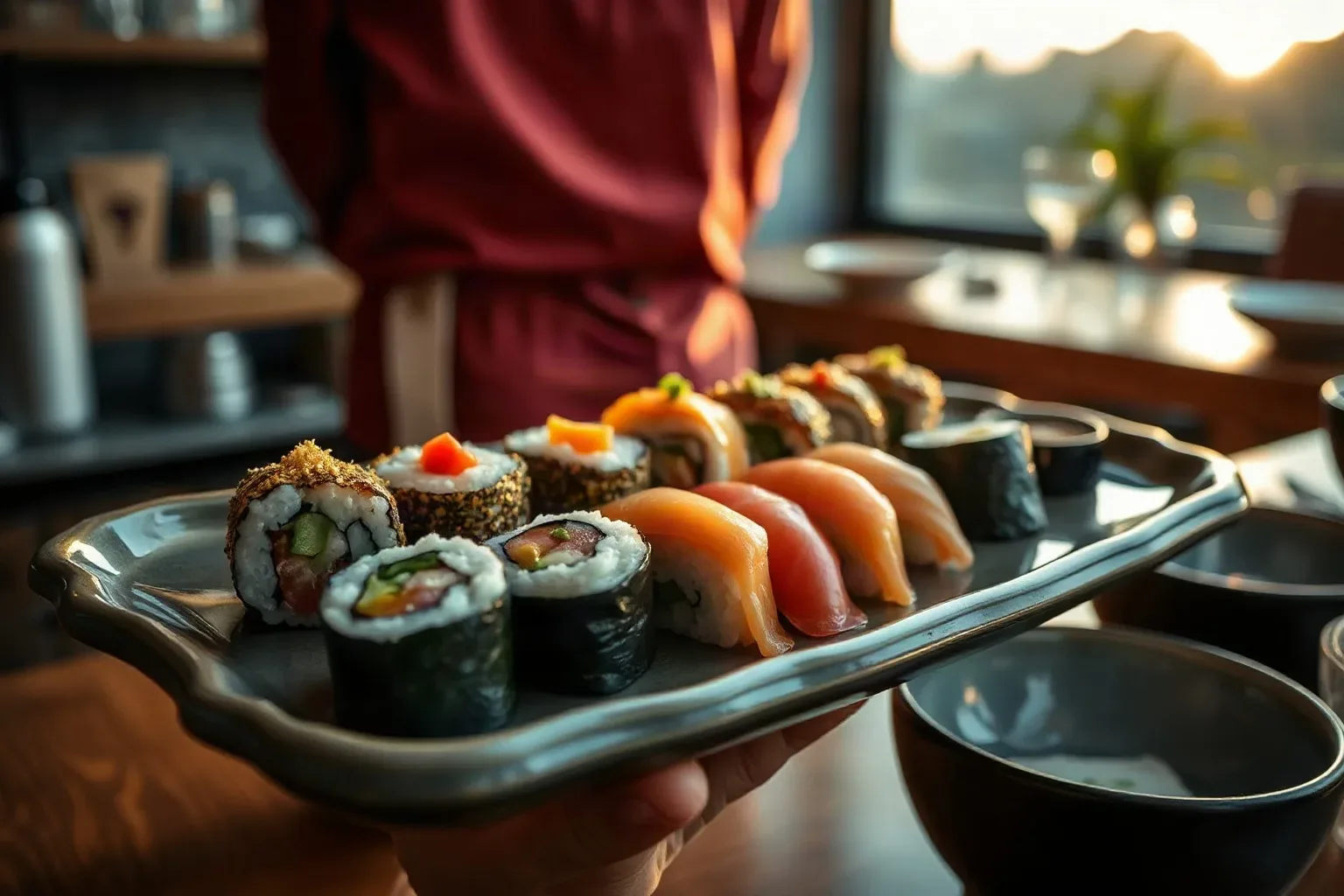 A ceramic platter holding a participant's first completed maki rounds and nigiri pieces after a beginner rolling session