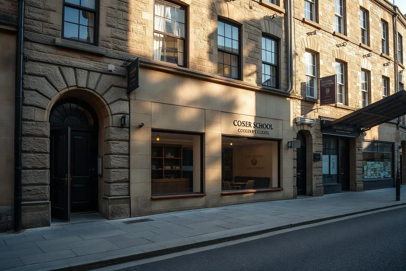 The stone-built tenement frontage of a Scottish city-centre cookery school seen from pavement level at an oblique angle in