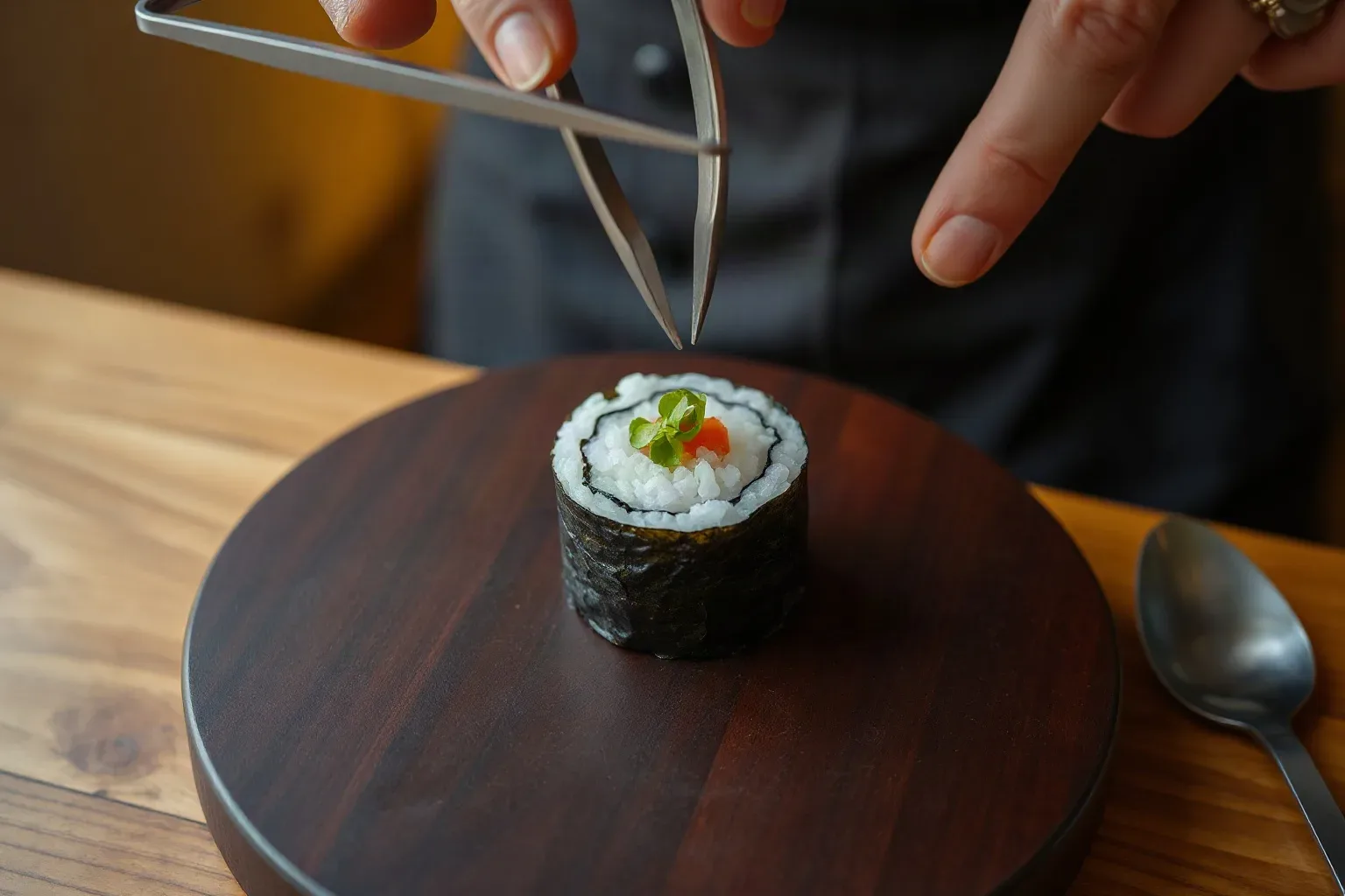 Stainless steel tweezers held above a finished maki roll