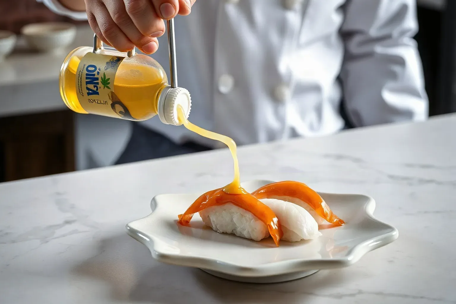 A chef's squeeze bottle of ponzu tracing a fine line across a completed sushi plate