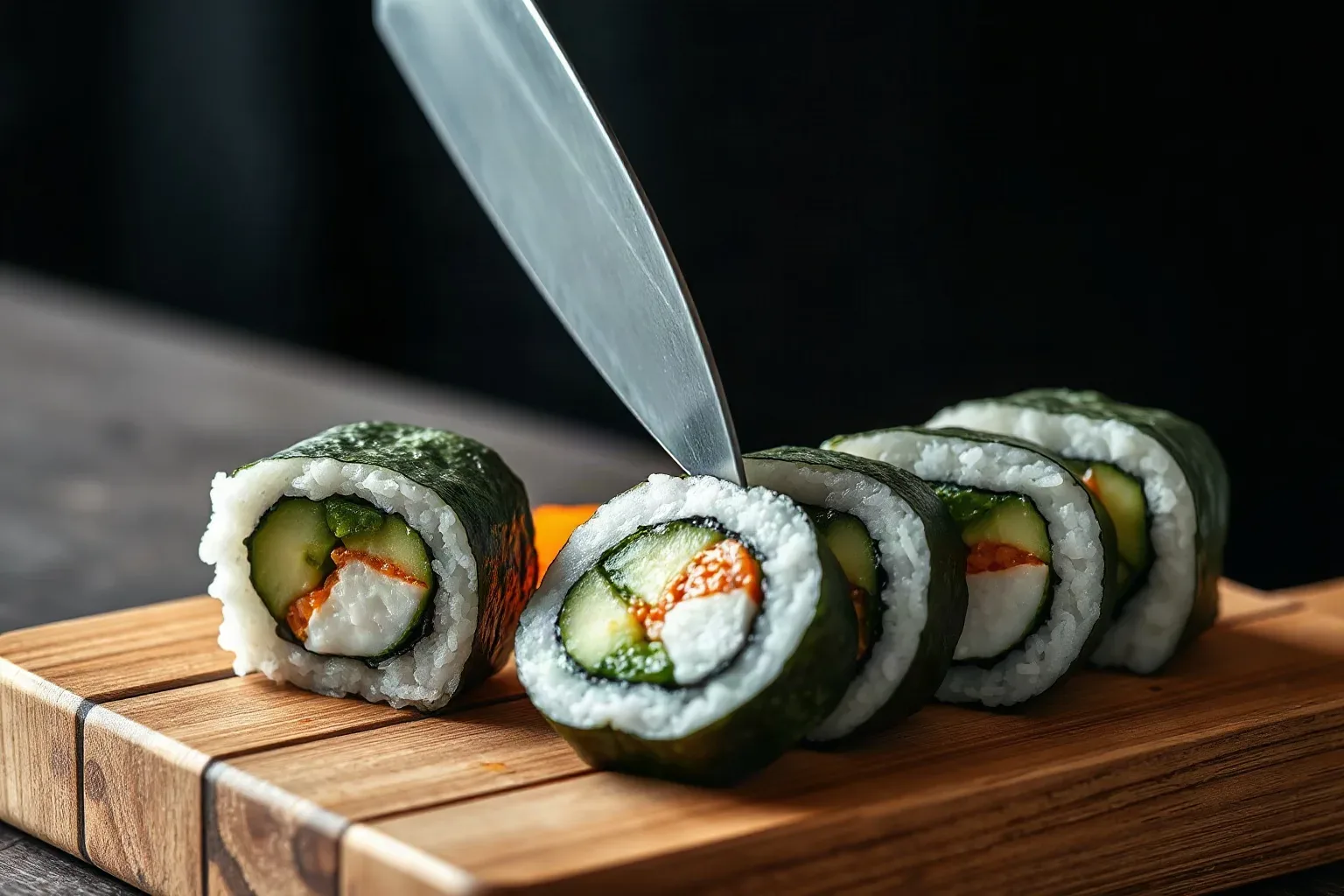 A long single-bevel knife slicing a cucumber maki roll into rounds on a wooden board