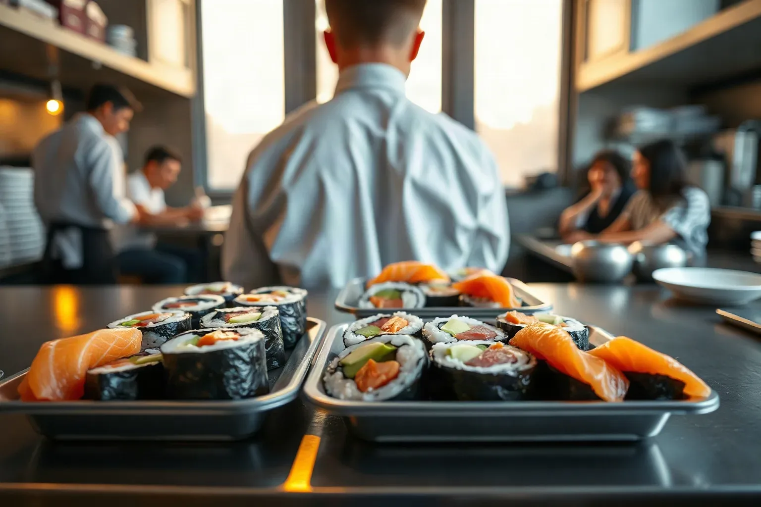 A stainless-steel preparation counter set with individual trays of maki fillings showing salmon