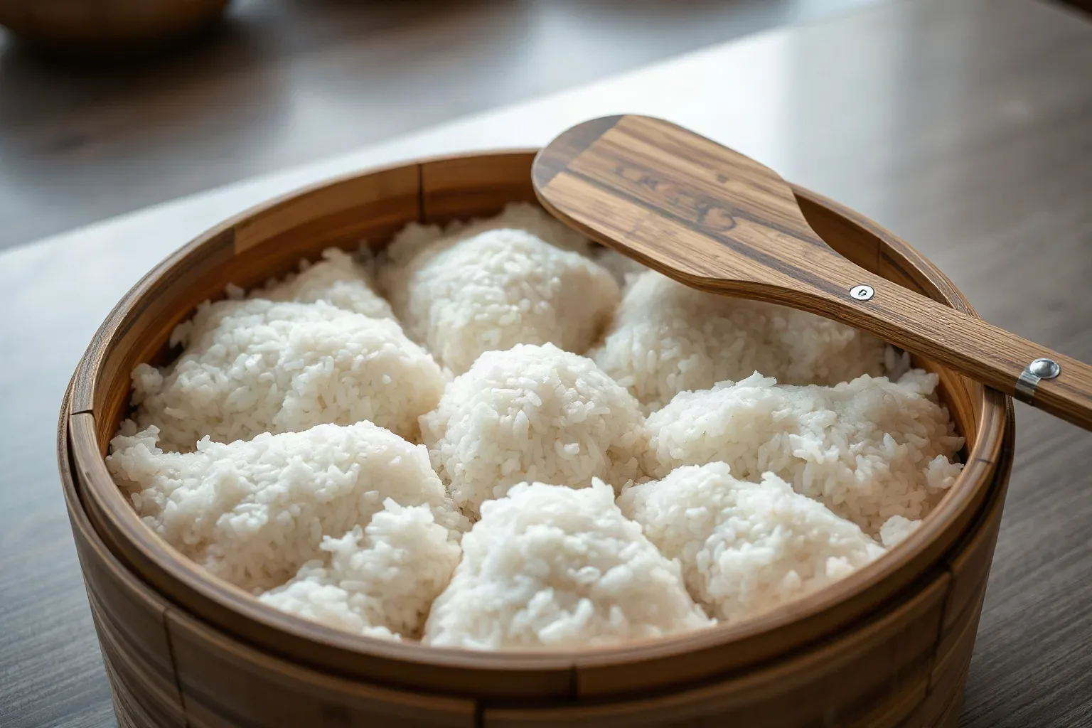 A wide wooden rice-cooling tub holding a large batch of seasoned rice portioned across sections for a group delivery order