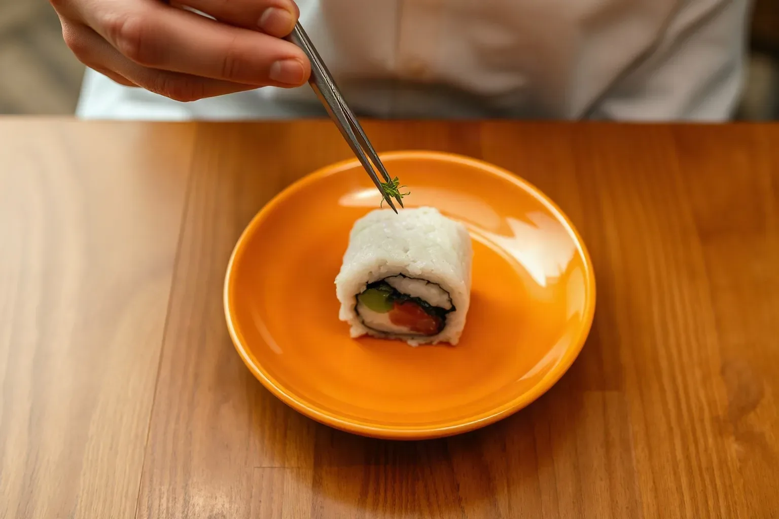 Stainless steel tweezers lifting a micro-herb above a finished maki piece about to be placed onto a small colour-coded plate