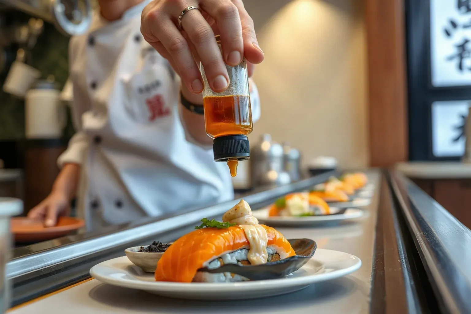 A chef's squeeze bottle of ponzu held above a freshly plated conveyor belt piece