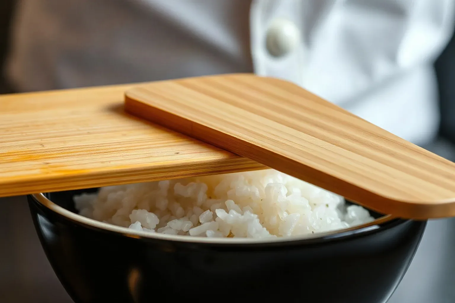 A flat wooden paddle resting across the rim of a sushi rice bowl