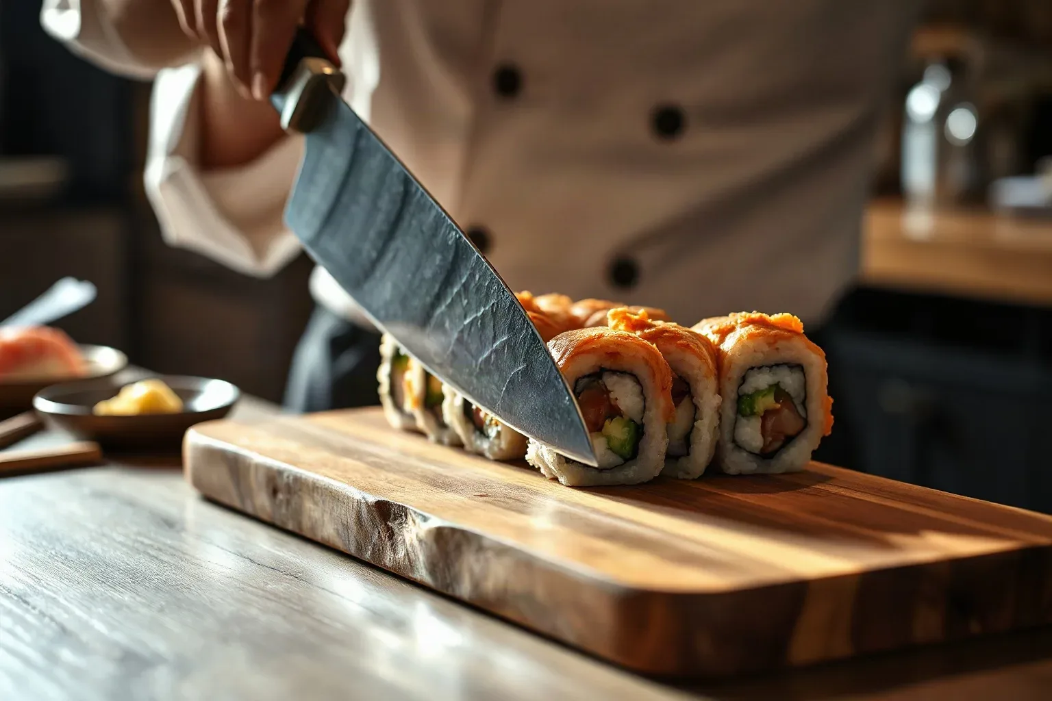 A long single-bevel knife in mid-cut through a rolled maki on a wooden board