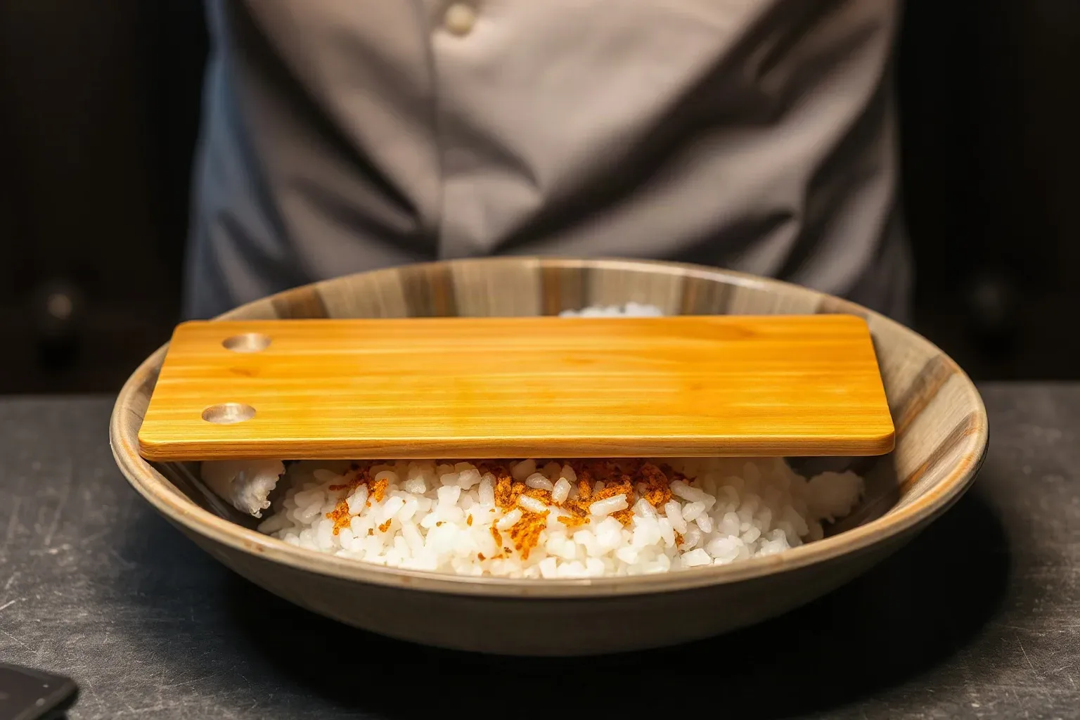 A flat wooden paddle resting across a sushi rice bowl mid-fold at the start of a corporate group rolling session