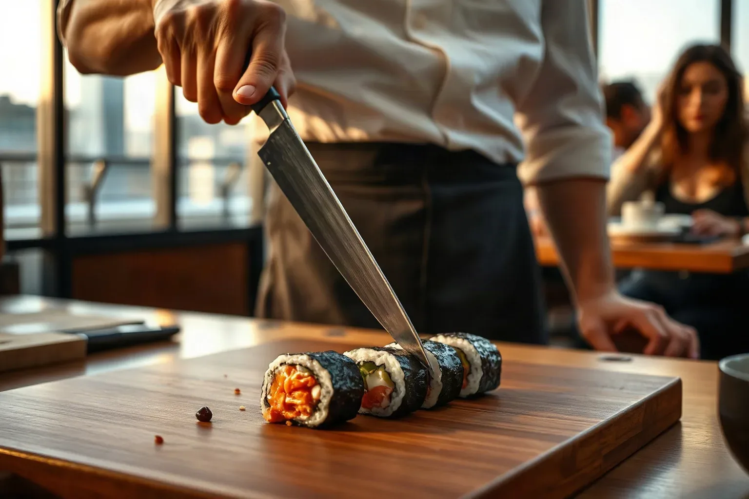 A long single-bevel knife held in a participant's hands mid-cut on a maki roll at a team rolling station
