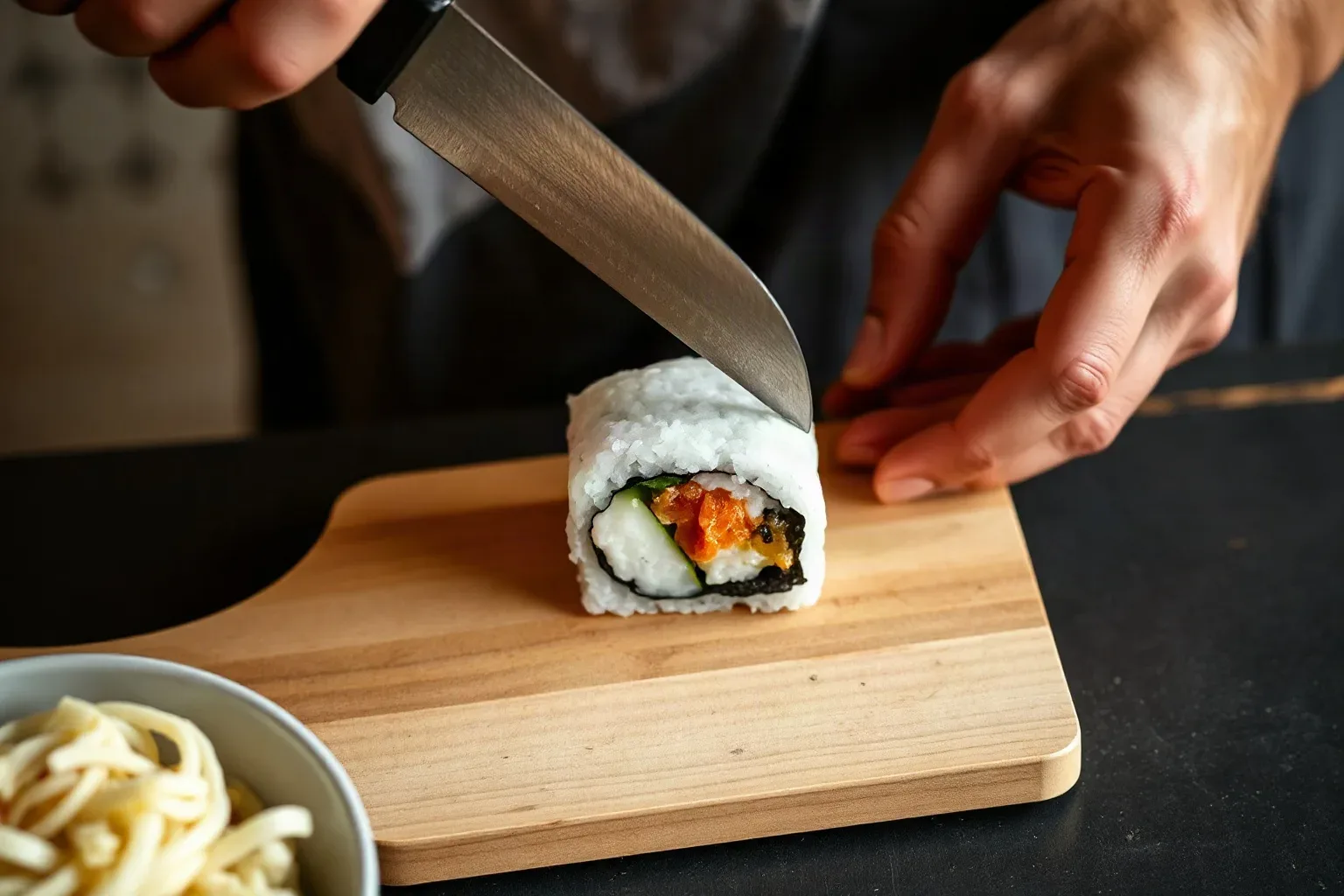 A long single-bevel knife caught mid-stroke above a maki roll on a wooden board