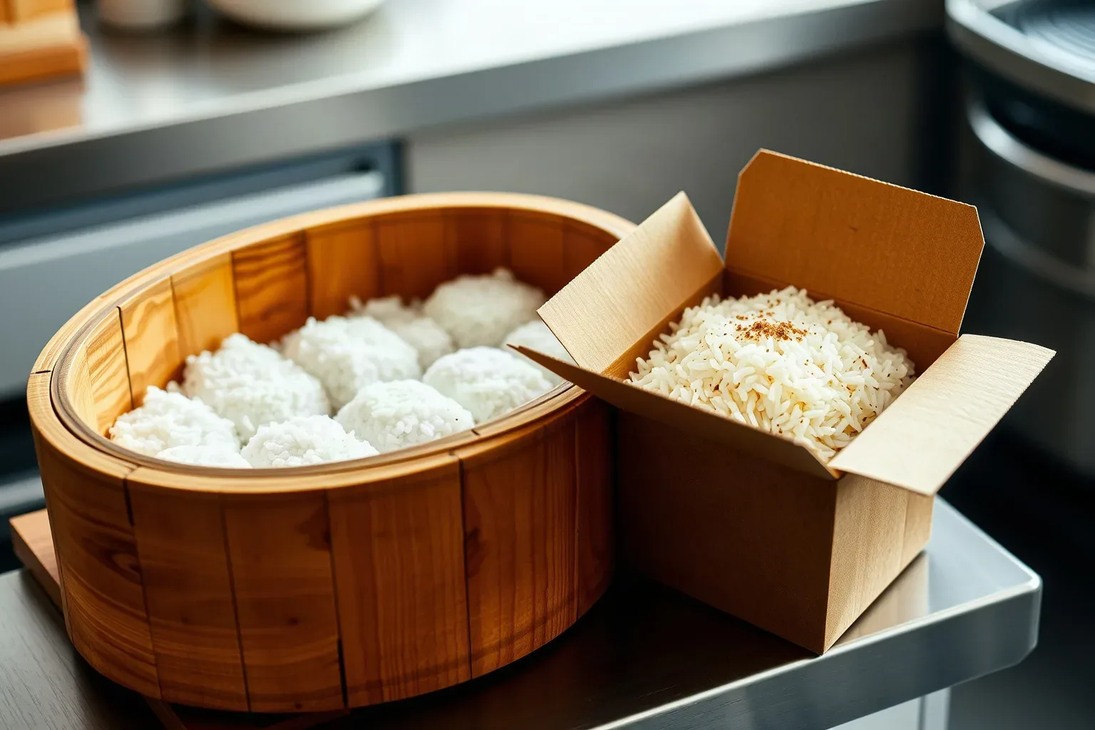 A wide wooden rice-cooling tub on a kitchen pass holding portioned sushi rice