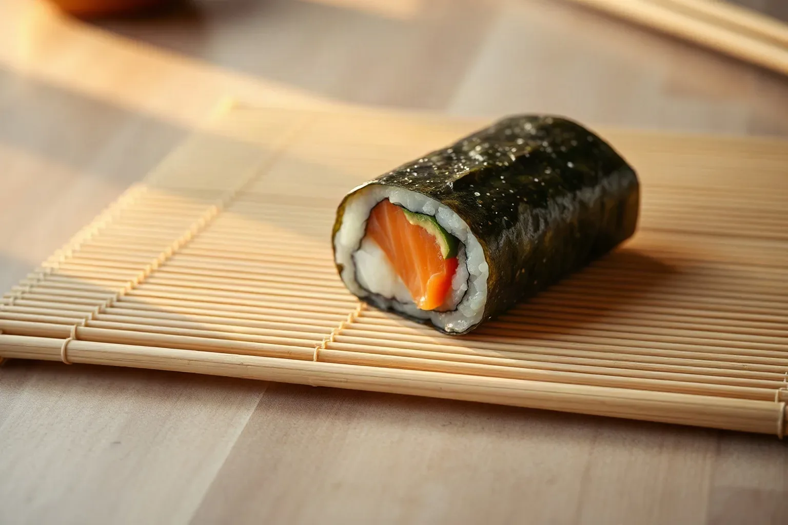 A bamboo rolling mat laid flat with an inside-out maki half-rolled across it