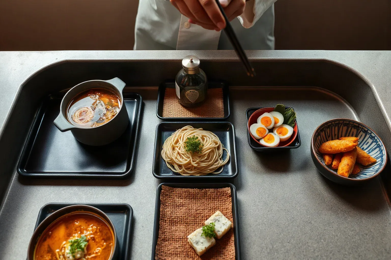 A low-lit preparation counter with individual ingredient trays set for a ramen and tempura class