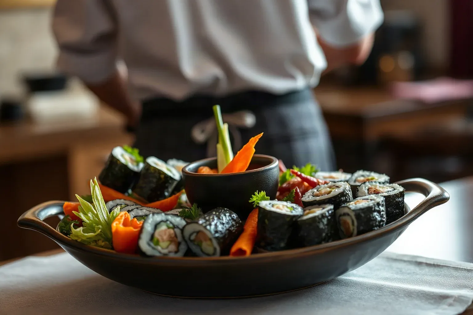 A ceramic platter of tempura vegetables and maki rounds