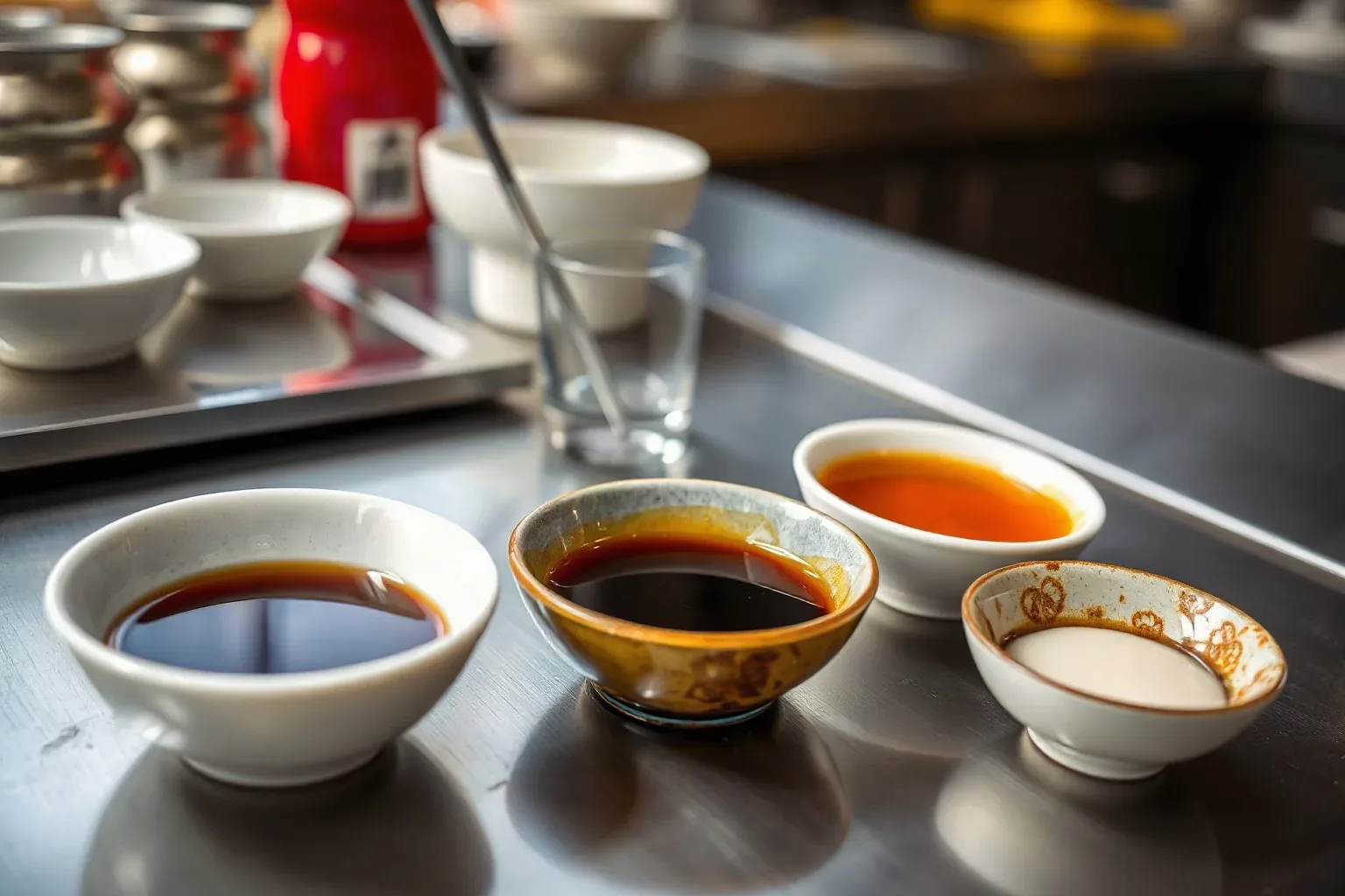 A stainless-steel home preparation counter set with small bowls of soy sauce
