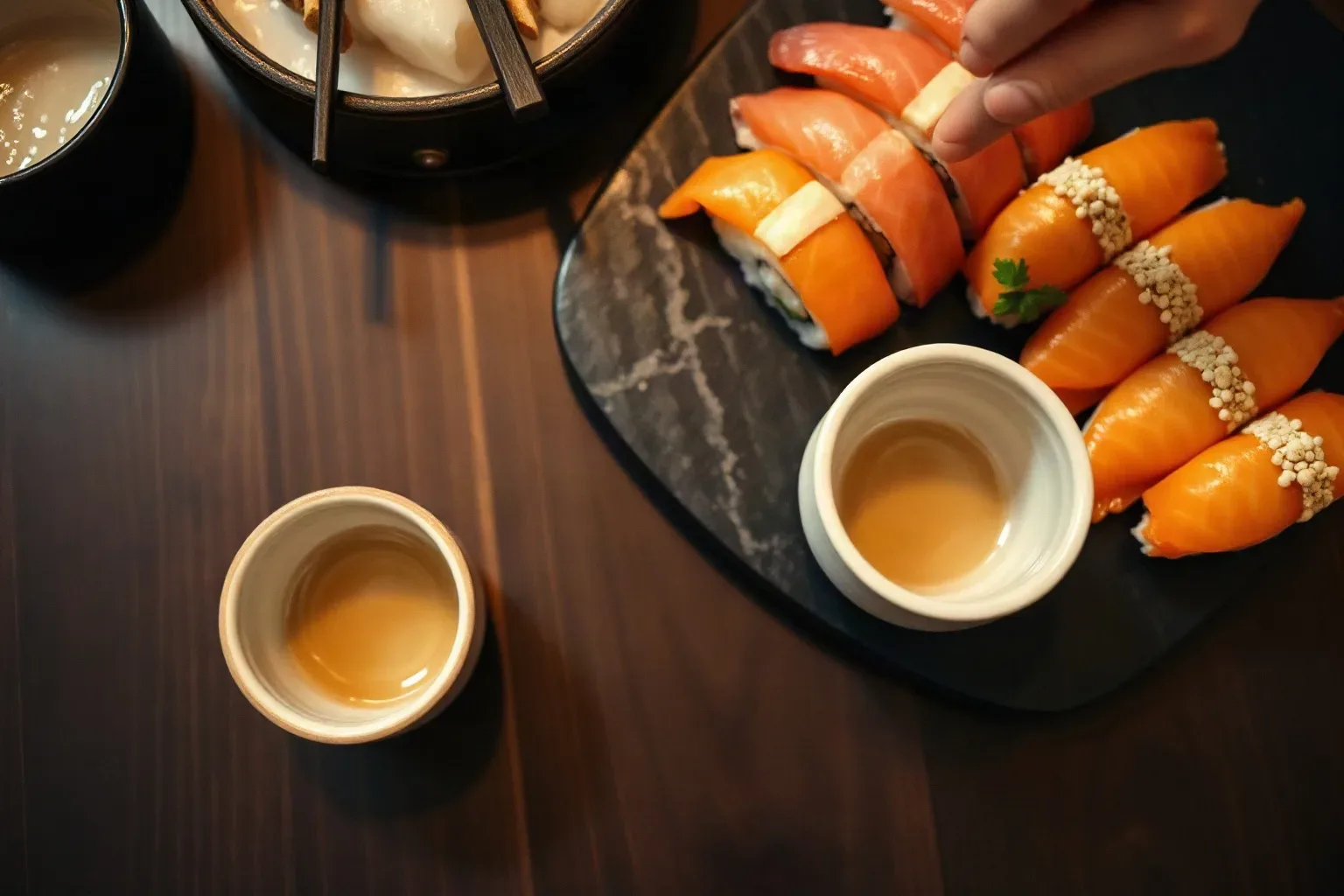 Two small unglazed ceramic sake cups on a dark timber dining surface beside a shared late-night sushi platter
