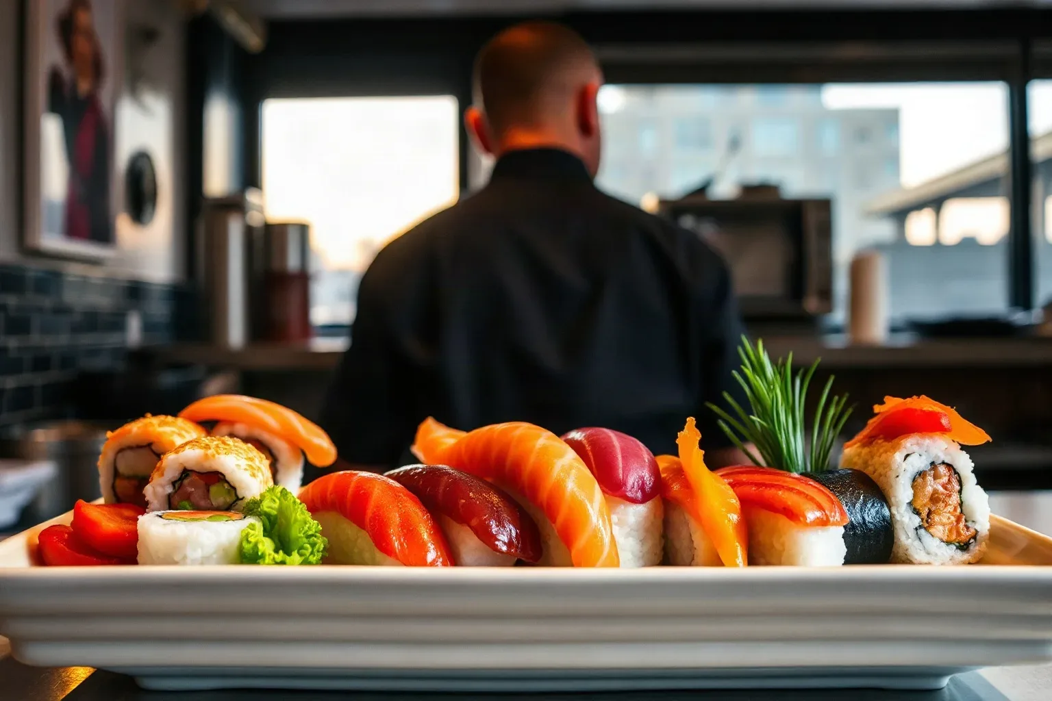 A ceramic platter of mixed nigiri and maki assembled during a late-night kitchen window