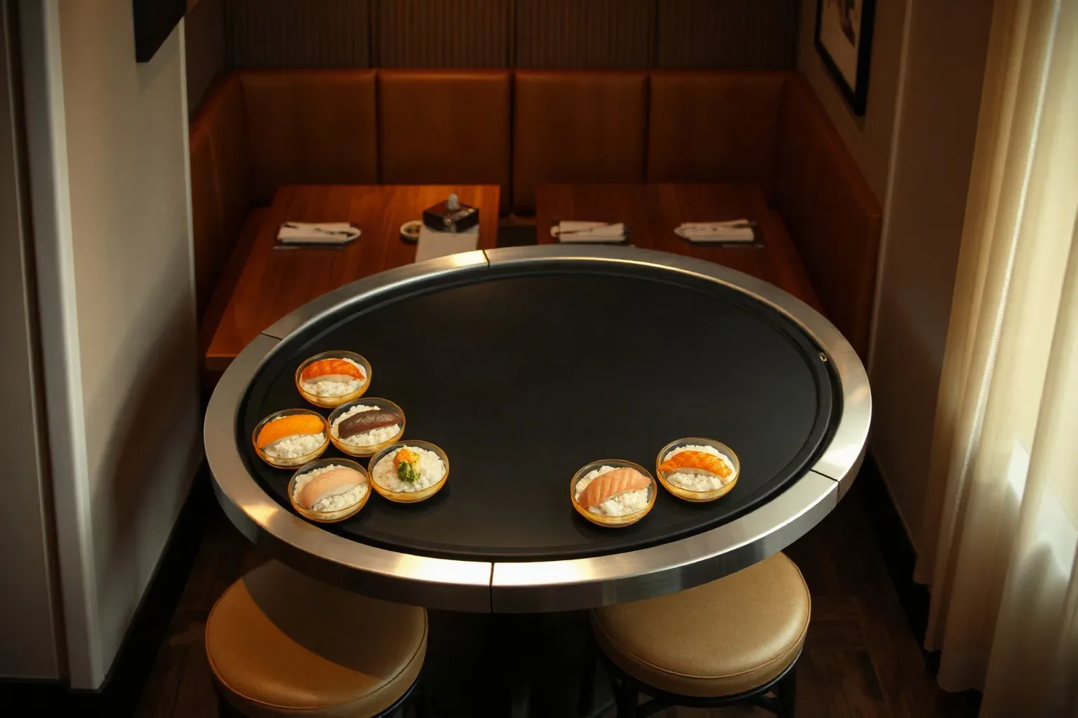 An oval kaiten conveyor still carrying colour-coded plates through a restaurant dining area during a late evening sitting