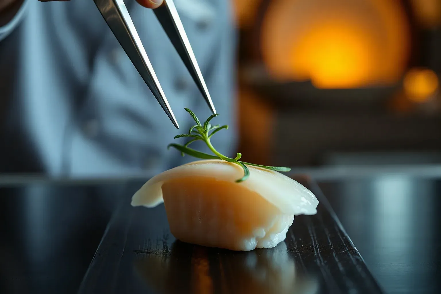 Stainless steel tweezers descending toward a piece of hand-dived scallop nigiri
