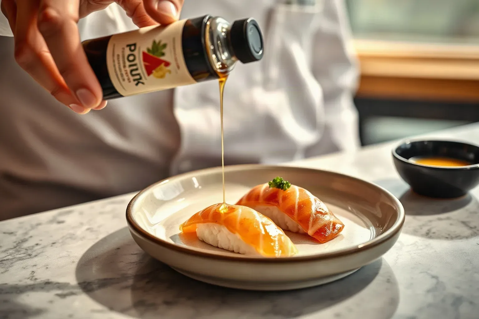 A chef's squeeze bottle of ponzu held at an angle above a plated omakase course