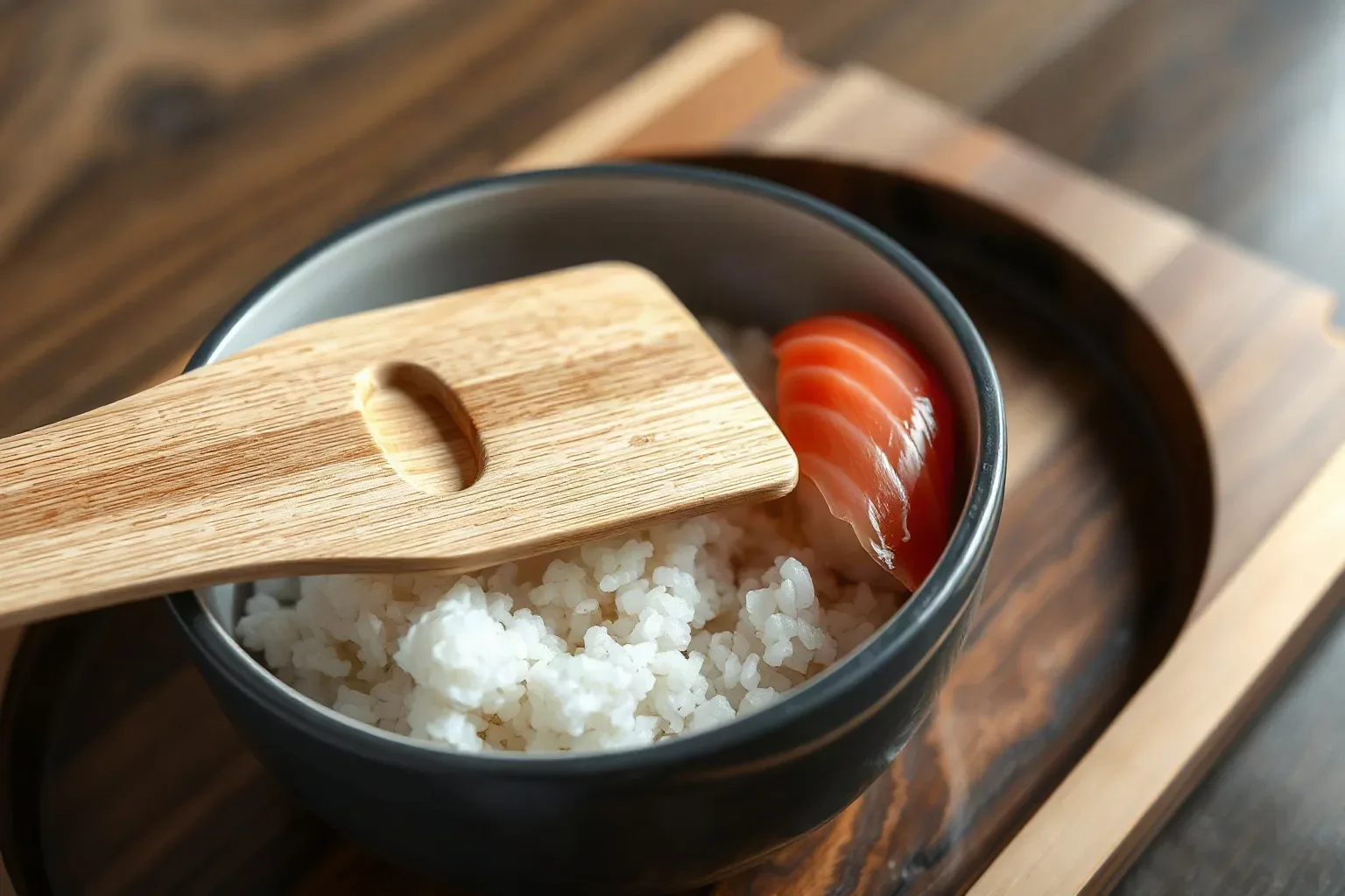 A flat wooden paddle resting across the rim of a rice bowl beside a shaped nigiri piece on a dark wooden board