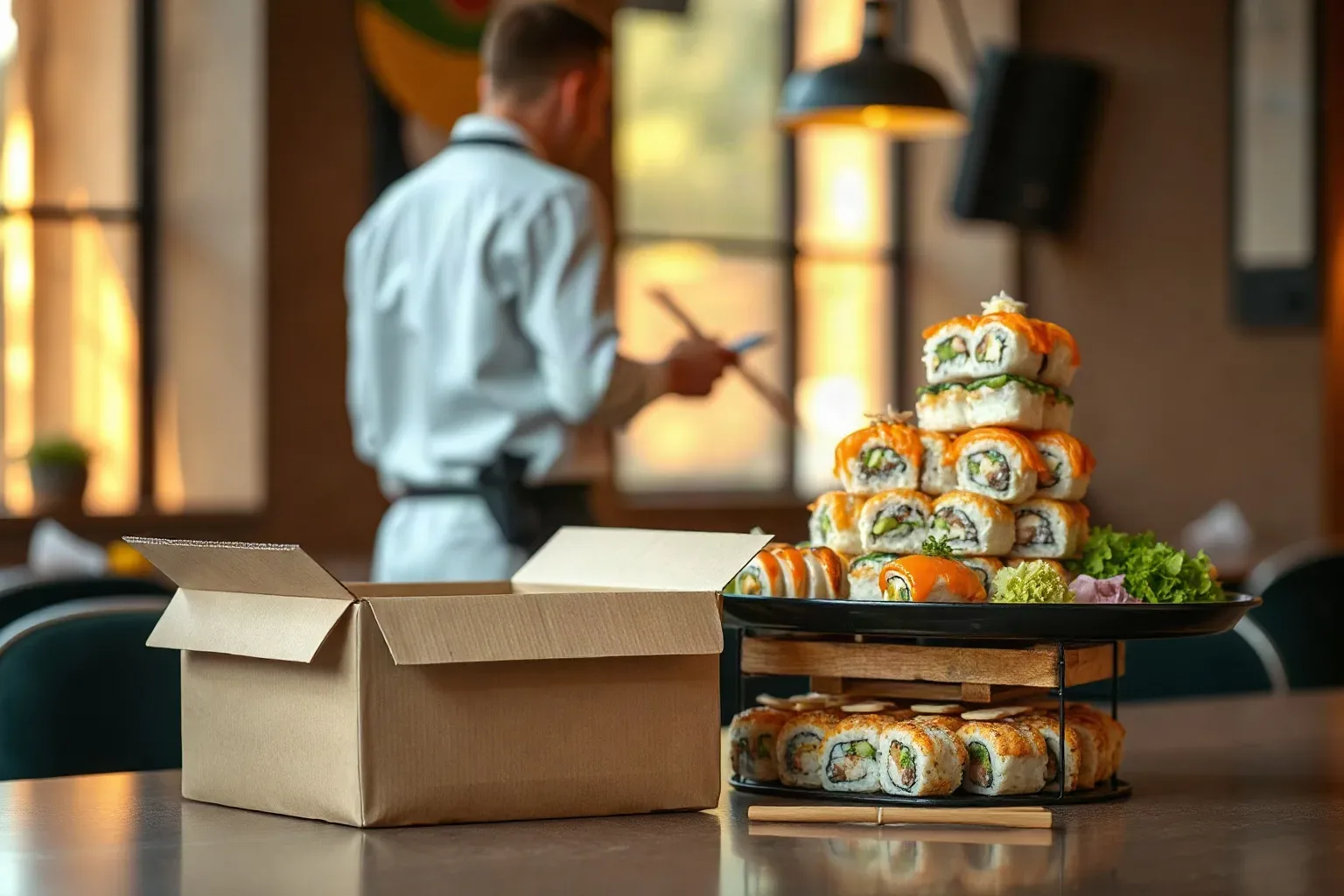 A kraft-paper takeaway box open beside a stacked event catering platter on a counter