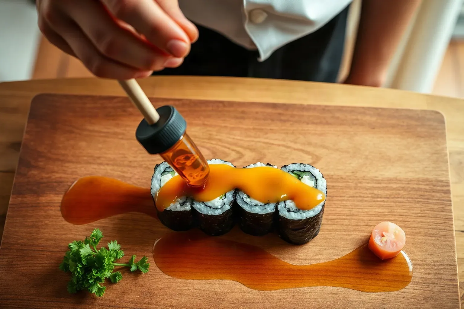 A chef's squeeze bottle of ponzu applied across a catering platter roll