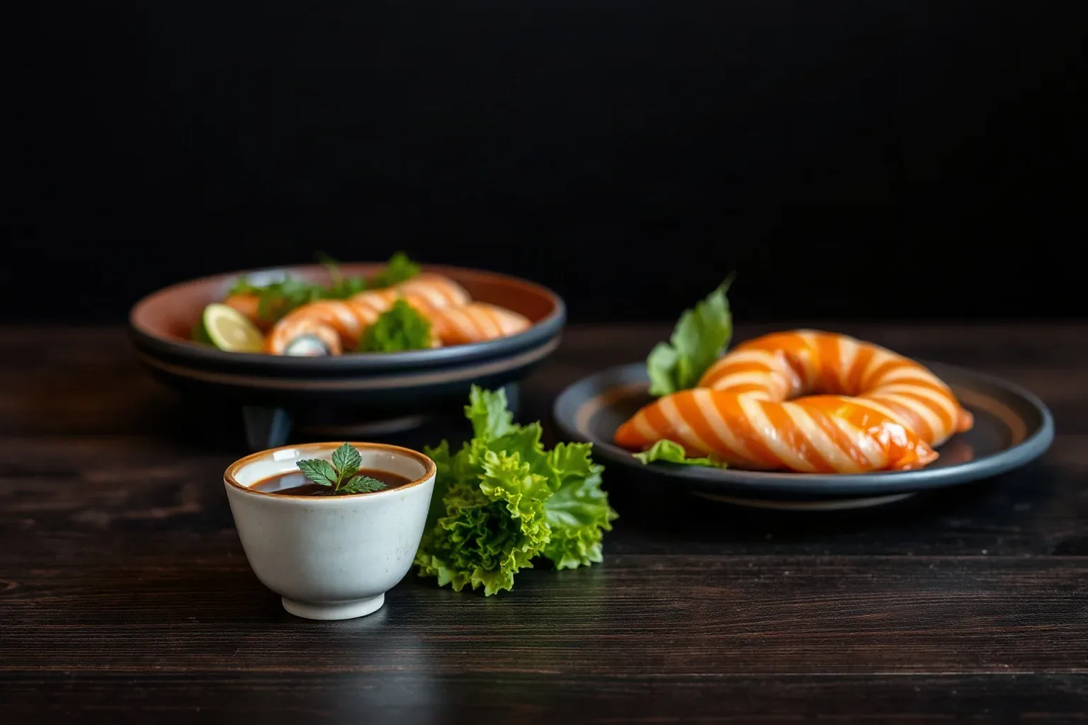 Two small unglazed ceramic sake cups set beside a catering platter on a venue surface