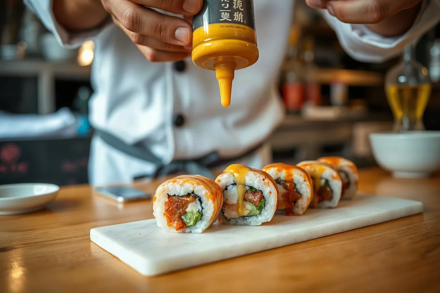 A chef's squeeze bottle of ponzu finishing a demonstration roll at a counter