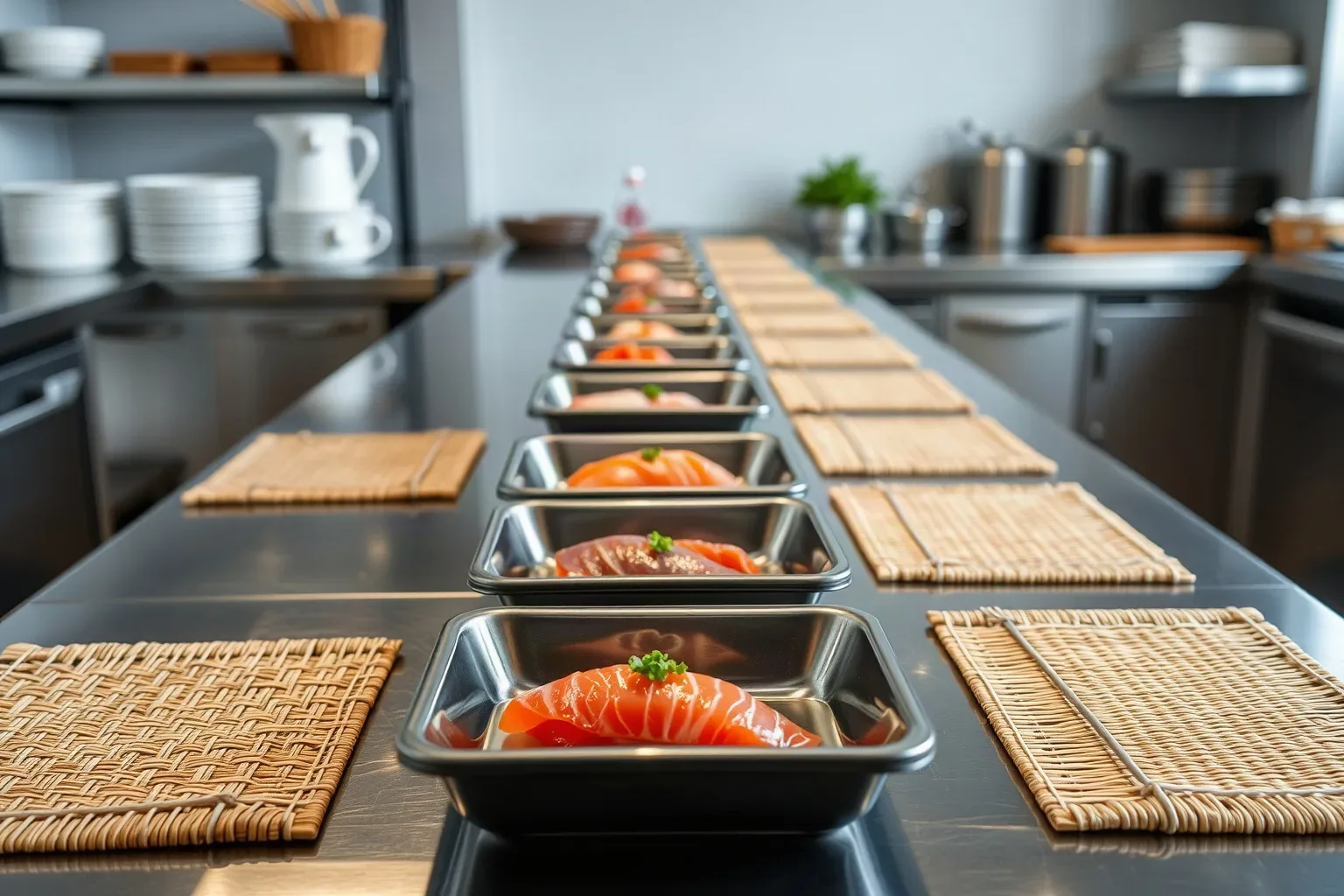A stainless-steel class preparation counter set with individual ingredient trays and bamboo mats at each place for a gifted