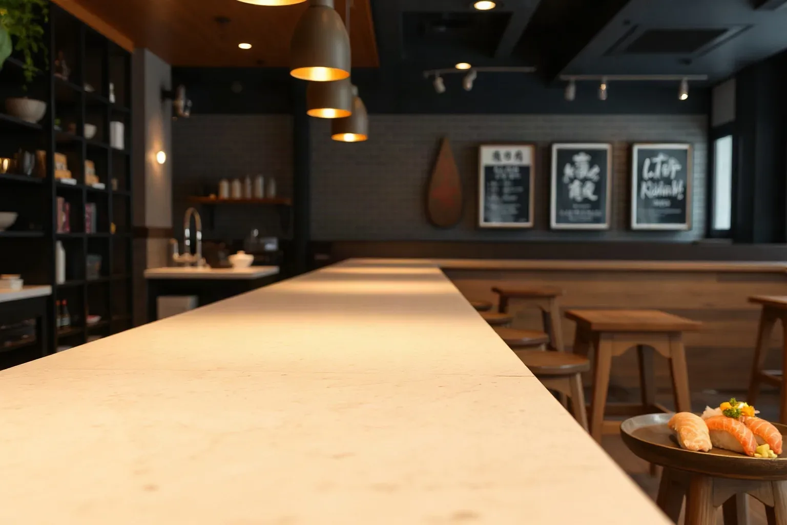 Japanese restaurant counter with dark timber edging