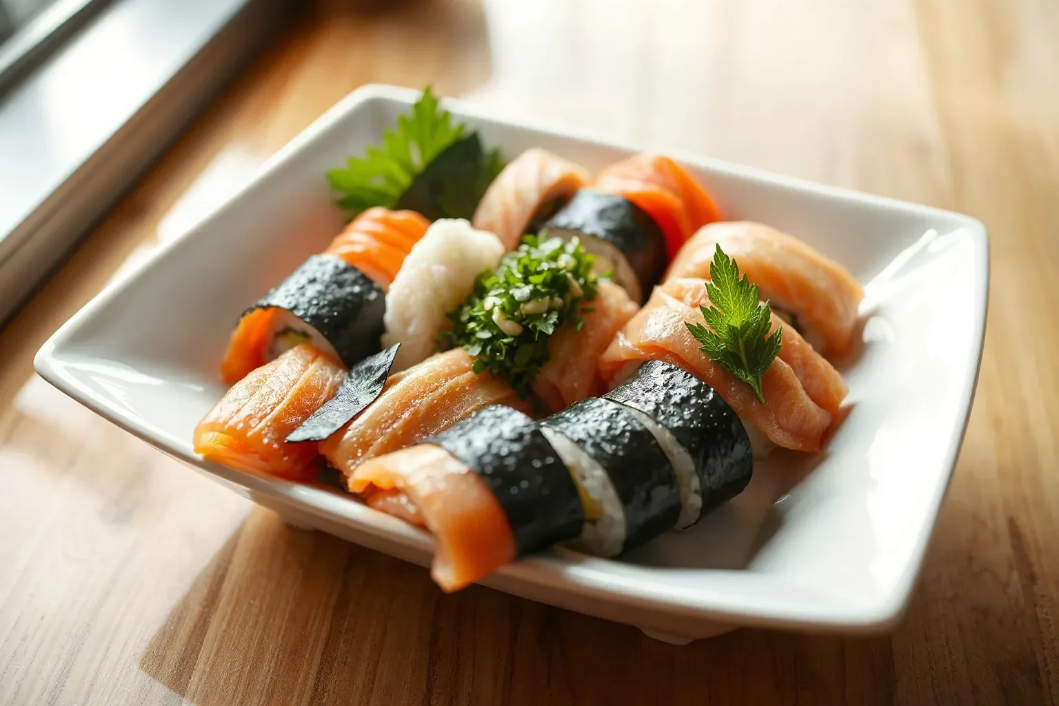 A ceramic platter of mixed sashimi and maki slices arranged for same-day delivery dispatch