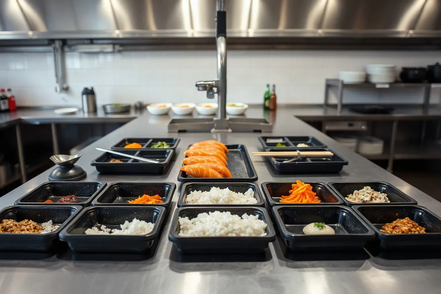 A stainless-steel class preparation counter set with portioned ingredient trays and small tools in a kitchen space