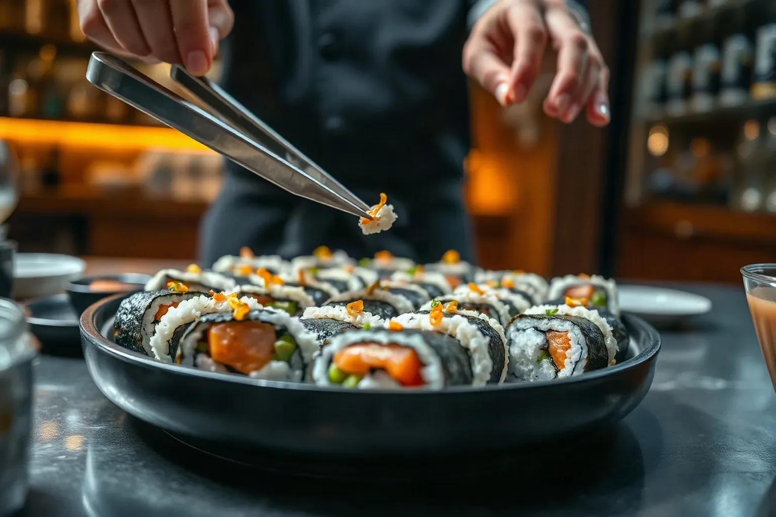 Stainless steel tweezers placing a garnish onto a large maki platter of inside-out rolls before it is sealed for event