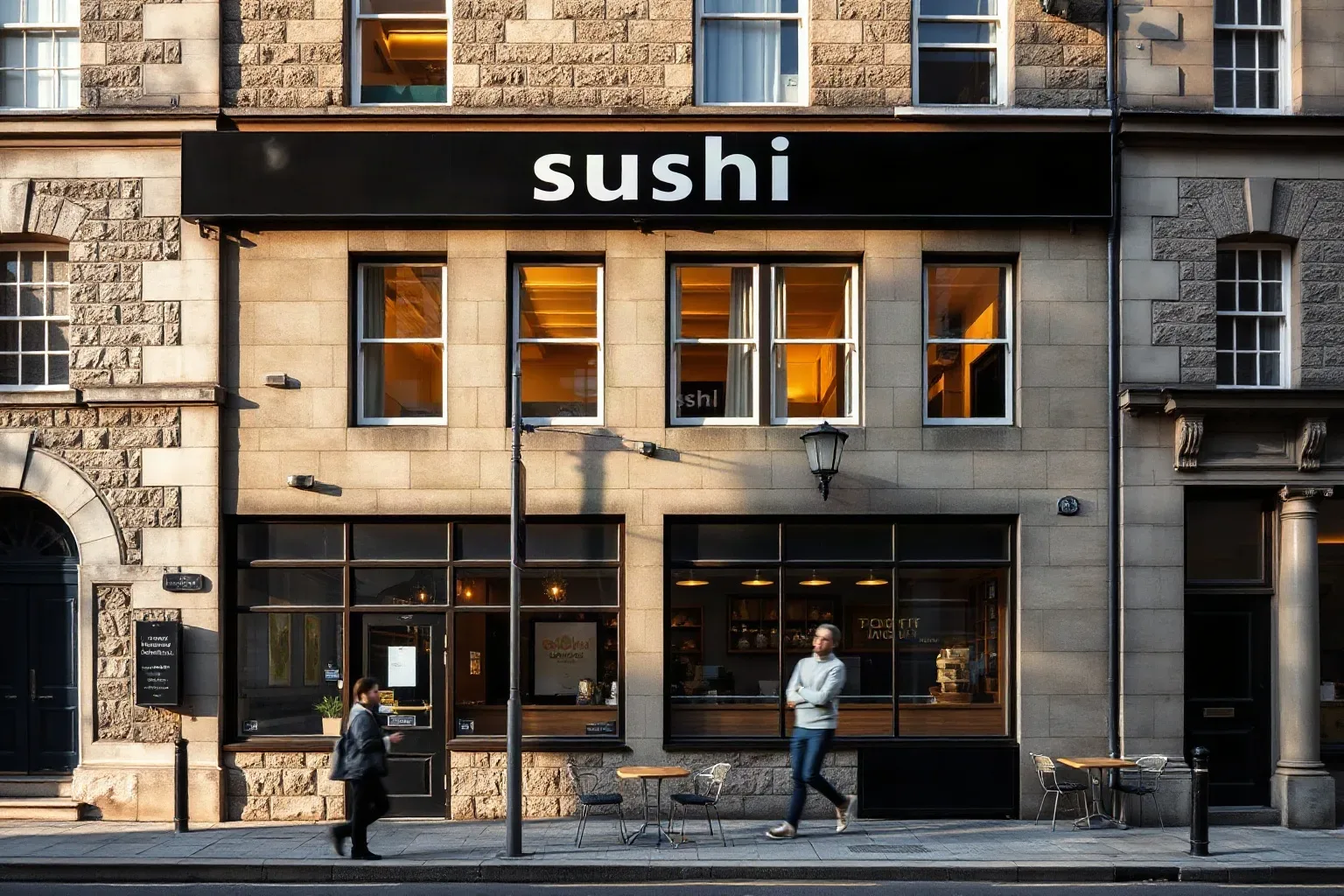 The stone-built tenement frontage of a Scottish city-centre sushi restaurant at street level