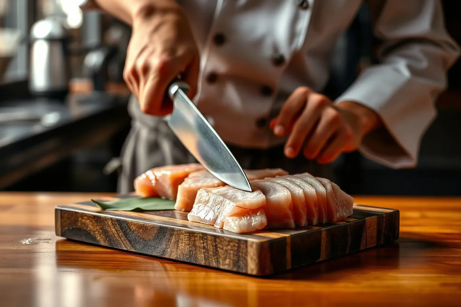 A long single-bevel knife portioning a sashimi fillet into delivery-sized slices on a wooden board