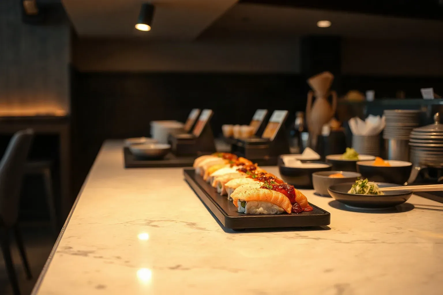 A low-lit Japanese restaurant counter with dark timber edging