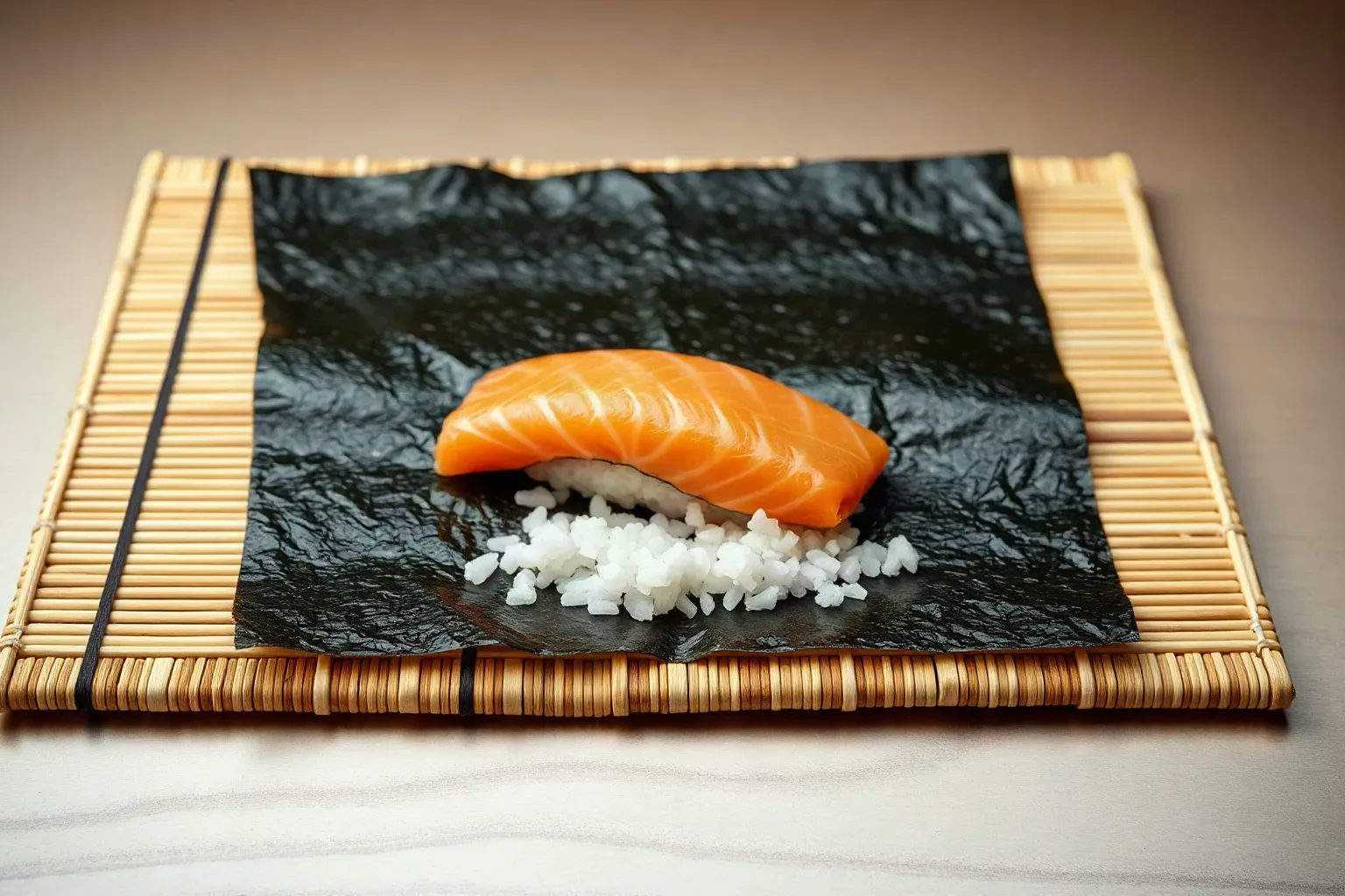 A bamboo rolling mat laid flat with a nori sheet across it