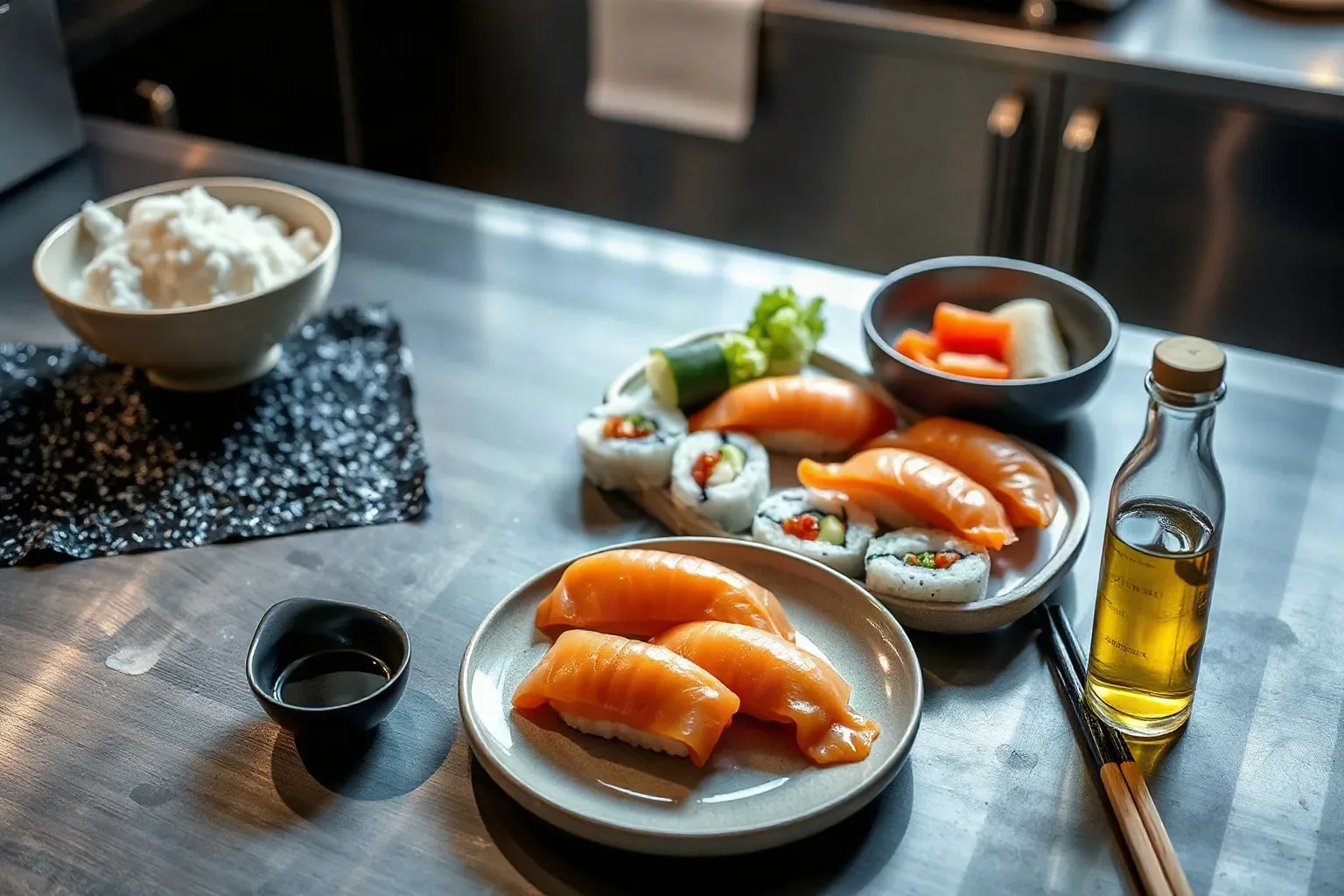 A stainless-steel preparation counter set with nori sheets