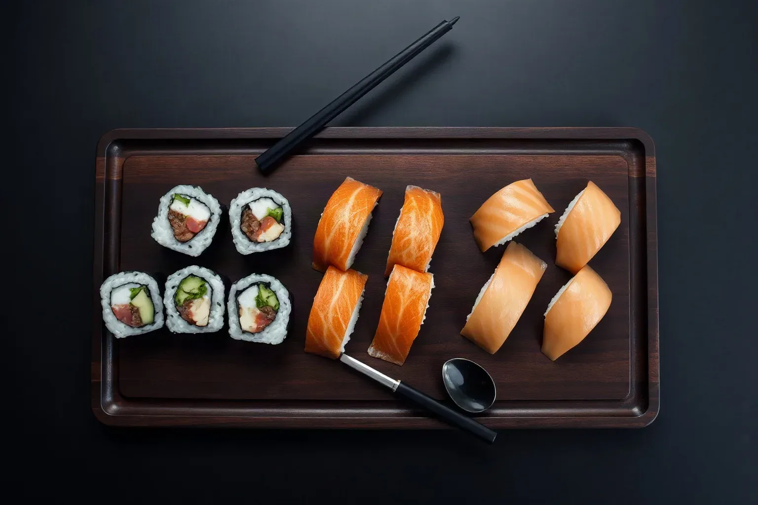A dark wooden serving board with a finished maki and nigiri delivery order arranged across it