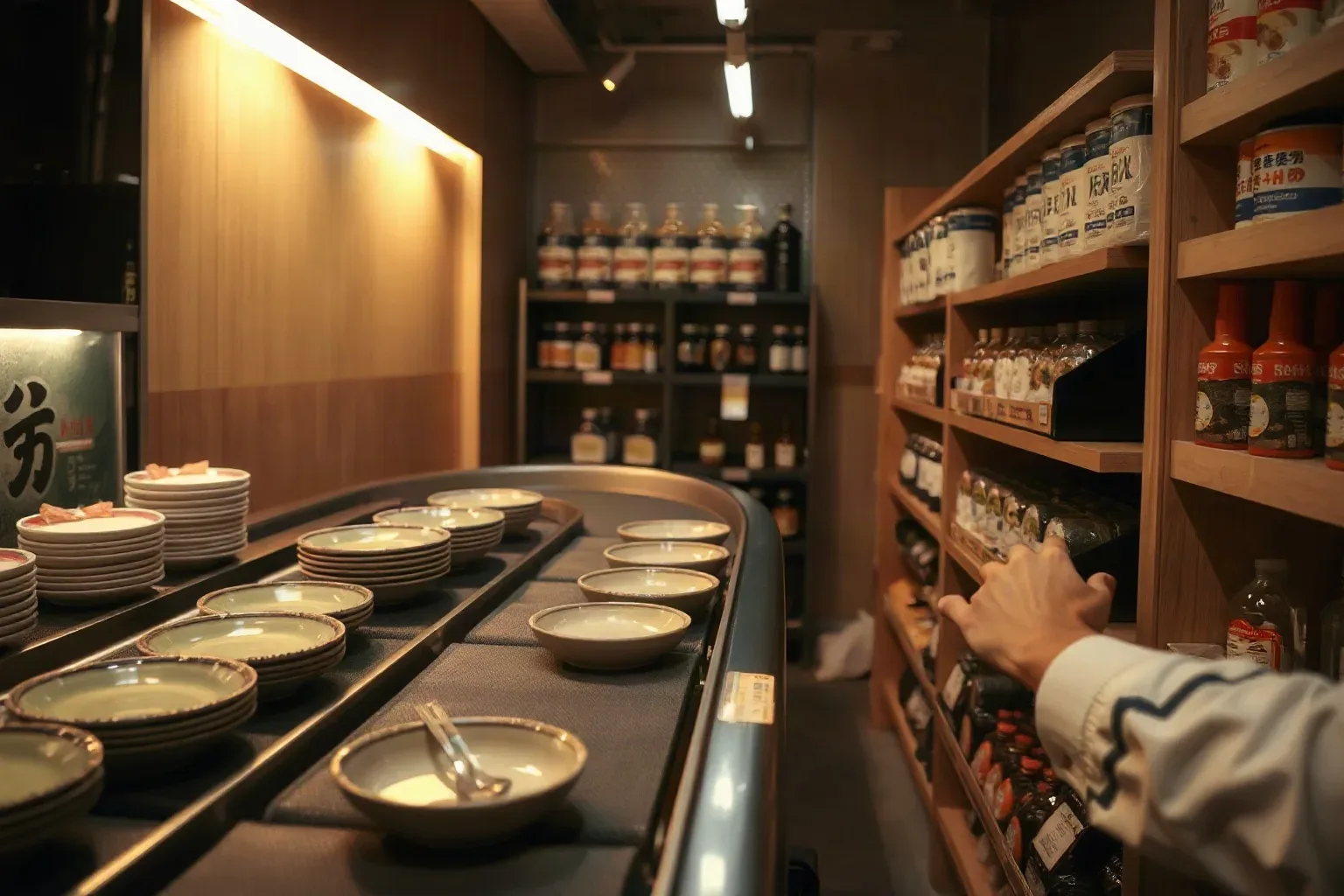An oval kaiten conveyor carrying colour-coded plates past shelves of nori