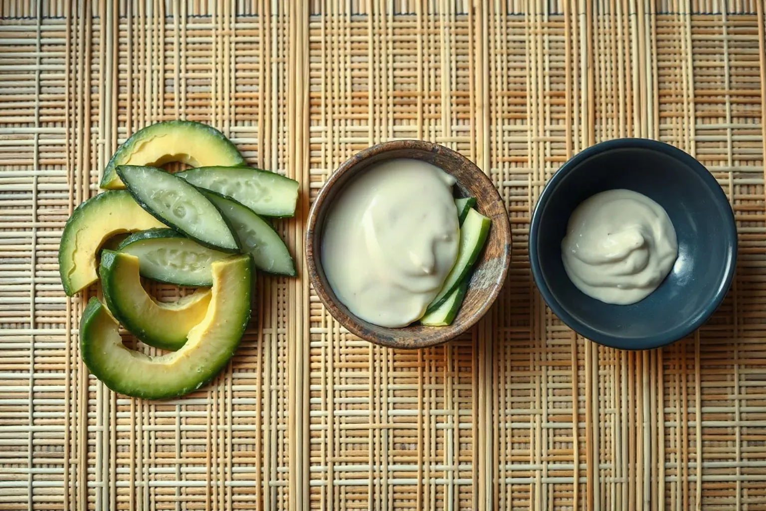A bamboo rolling mat laid flat with sliced avocado strips