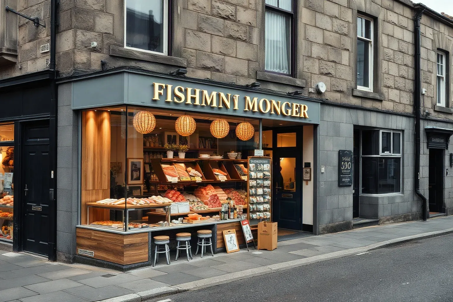The ground-floor tenement frontage of a stone-built Scottish city-centre fishmonger at a slight angle from the pavement