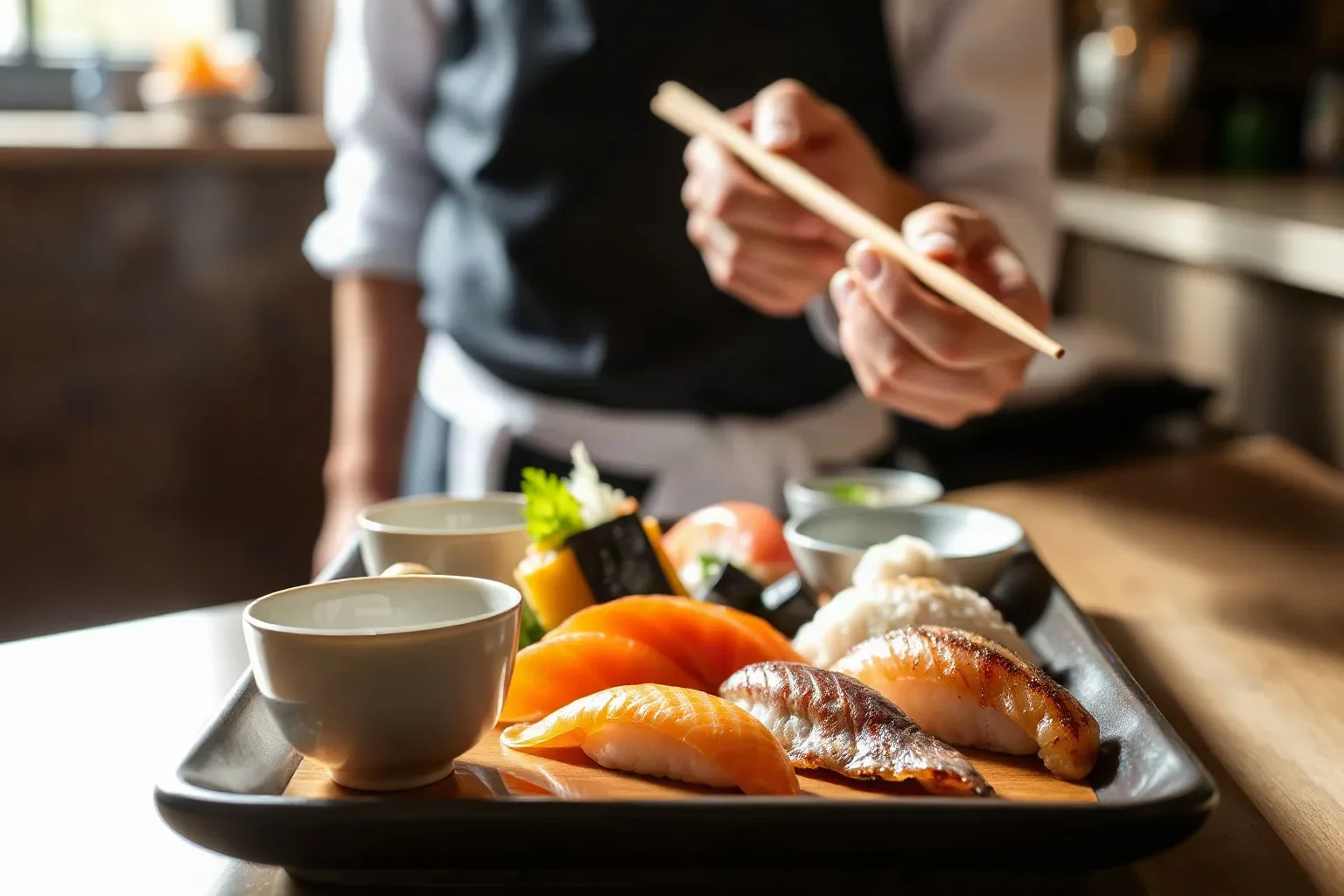 Two small unglazed ceramic sake cups set at the near edge of a shared omakase platter on a low-lit Edinburgh counter