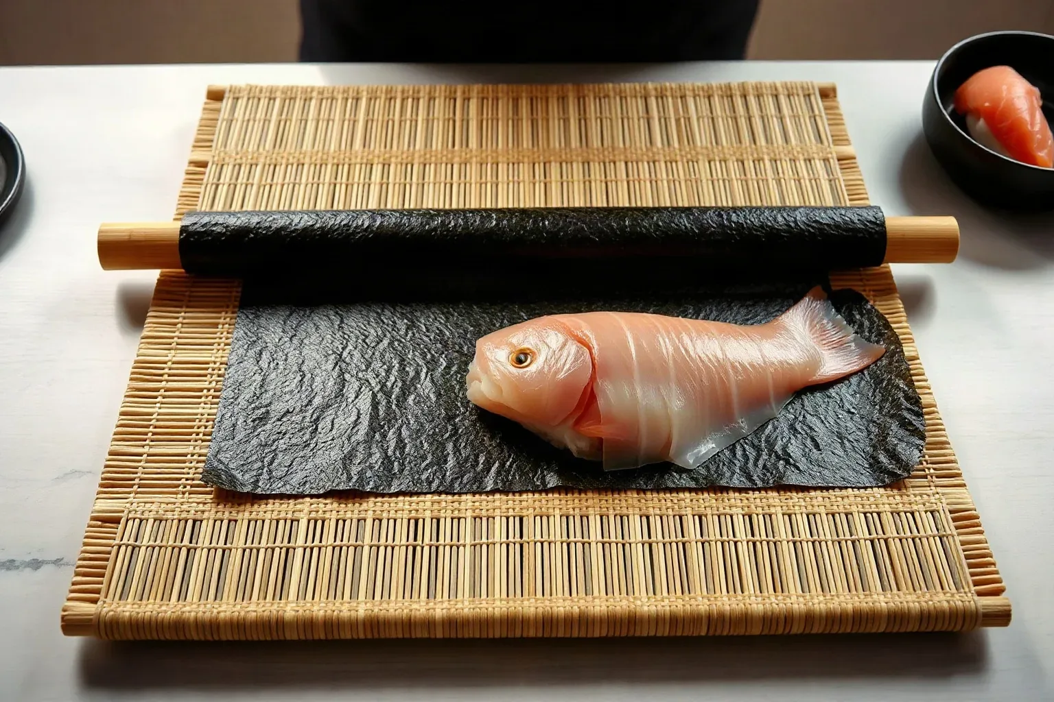 A bamboo rolling mat laid flat on a class preparation counter with a nori sheet pressed across it and sashimi-grade fish set