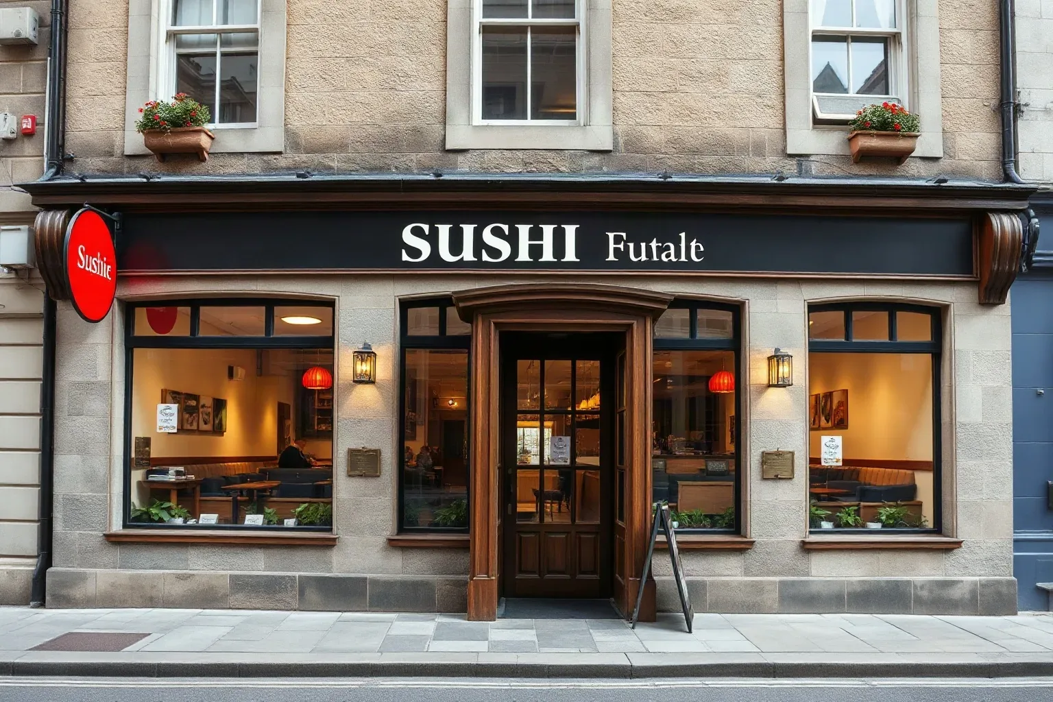 The ground-floor frontage of a stone-built Scottish city-centre sushi restaurant in flat even light
